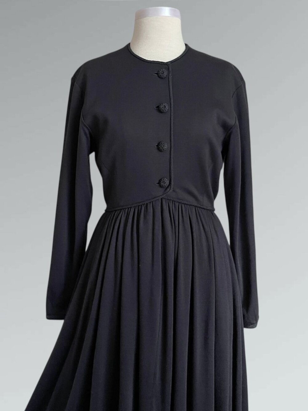 Vintage 80s 90s Albert Nipon Black Jersey Wool Blend Button Front Midi Dress